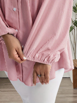 KissICON Plus Size, Women's Plus Size Oversized White & Green Horizontal Striped Button- Shirt Jacket-like Blouse - Short Sleeve-like Collar, Wrinkle-Resistant (Machine Washable) H-Line Fit for Year-Round Casual & Dressy Wear (No)