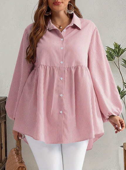 KissICON Plus Size, Women's Plus Size Oversized White & Green Horizontal Striped Button- Shirt Jacket-like Blouse - Short Sleeve-like Collar, Wrinkle-Resistant (Machine Washable) H-Line Fit for Year-Round Casual & Dressy Wear (No)