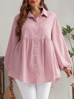KissICON Plus Size, Women's Plus Size Oversized White & Green Horizontal Striped Button- Shirt Jacket-like Blouse - Short Sleeve-like Collar, Wrinkle-Resistant (Machine Washable) H-Line Fit for Year-Round Casual & Dressy Wear (No)