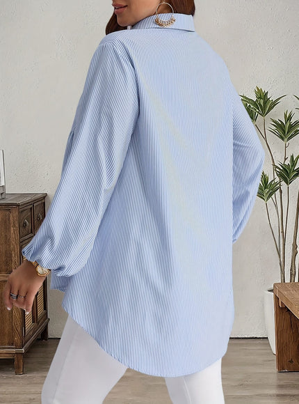 KissICON Plus Size, Women's Plus Size Oversized White & Green Horizontal Striped Button- Shirt Jacket-like Blouse - Short Sleeve-like Collar, Wrinkle-Resistant (Machine Washable) H-Line Fit for Year-Round Casual & Dressy Wear (No)