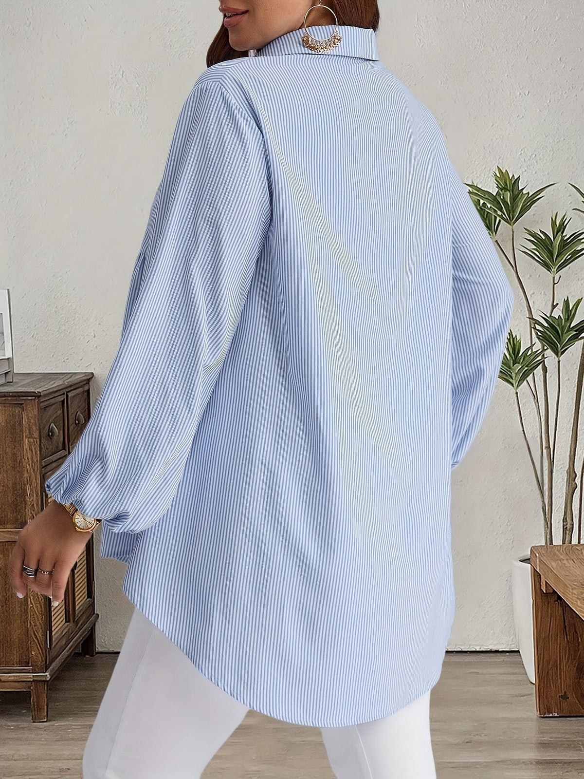 KissICON Plus Size, Women's Plus Size Oversized White & Green Horizontal Striped Button- Shirt Jacket-like Blouse - Short Sleeve-like Collar, Wrinkle-Resistant (Machine Washable) H-Line Fit for Year-Round Casual & Dressy Wear (No)