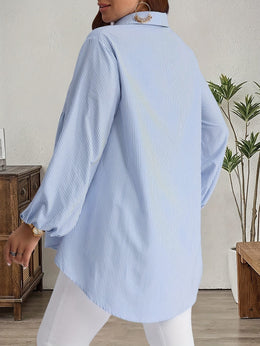 KissICON Plus Size, Women's Plus Size Oversized White & Green Horizontal Striped Button- Shirt Jacket-like Blouse - Short Sleeve-like Collar, Wrinkle-Resistant (Machine Washable) H-Line Fit for Year-Round Casual & Dressy Wear (No)