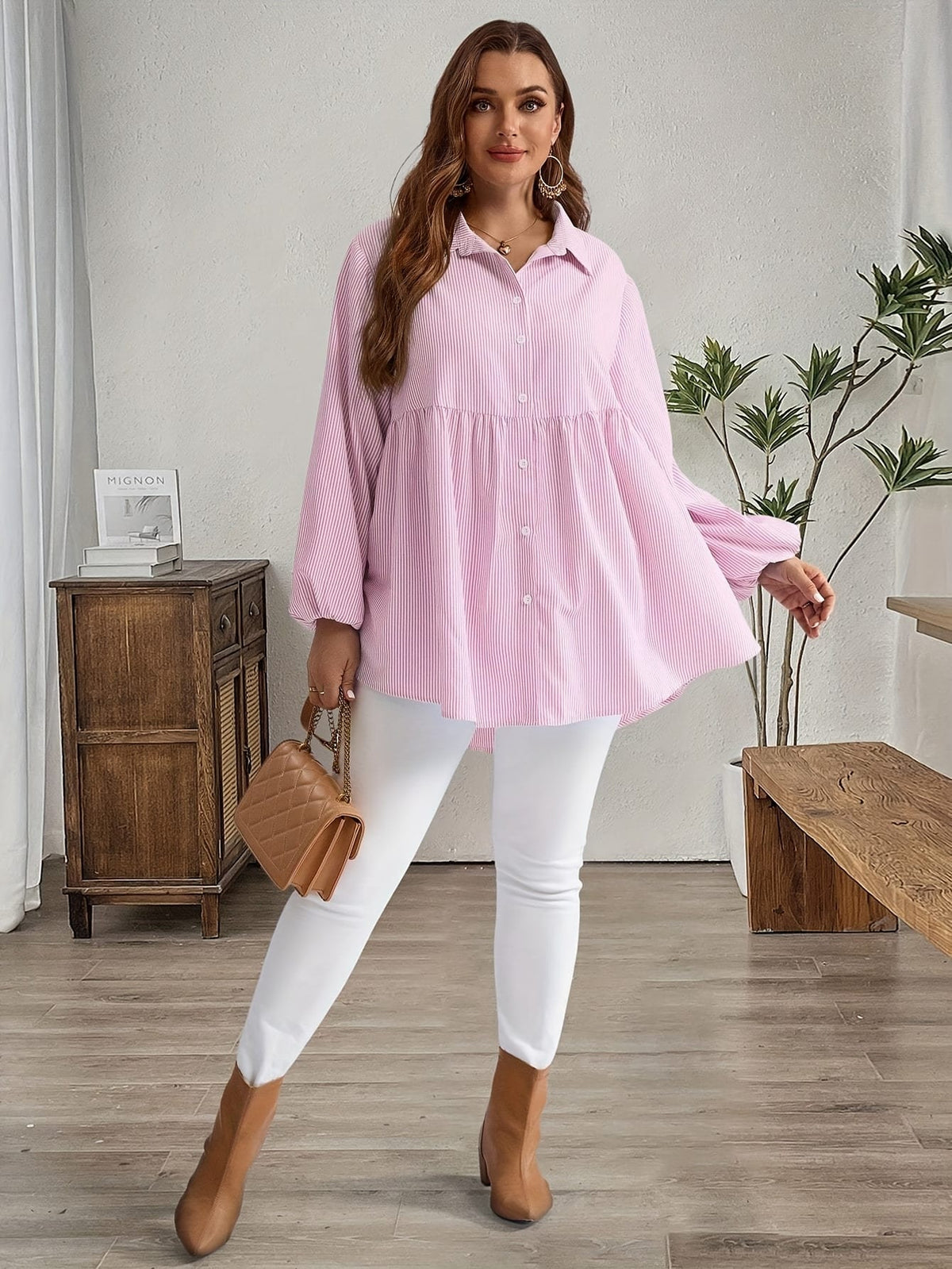 KissICON Plus Size, Women's Plus Size Oversized White & Green Horizontal Striped Button- Shirt Jacket-like Blouse - Short Sleeve-like Collar, Wrinkle-Resistant (Machine Washable) H-Line Fit for Year-Round Casual & Dressy Wear (No)