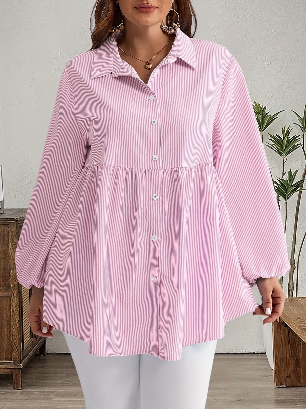 KissICON Plus Size, Women's Plus Size Oversized White & Green Horizontal Striped Button- Shirt Jacket-like Blouse - Short Sleeve-like Collar, Wrinkle-Resistant (Machine Washable) H-Line Fit for Year-Round Casual & Dressy Wear (No)