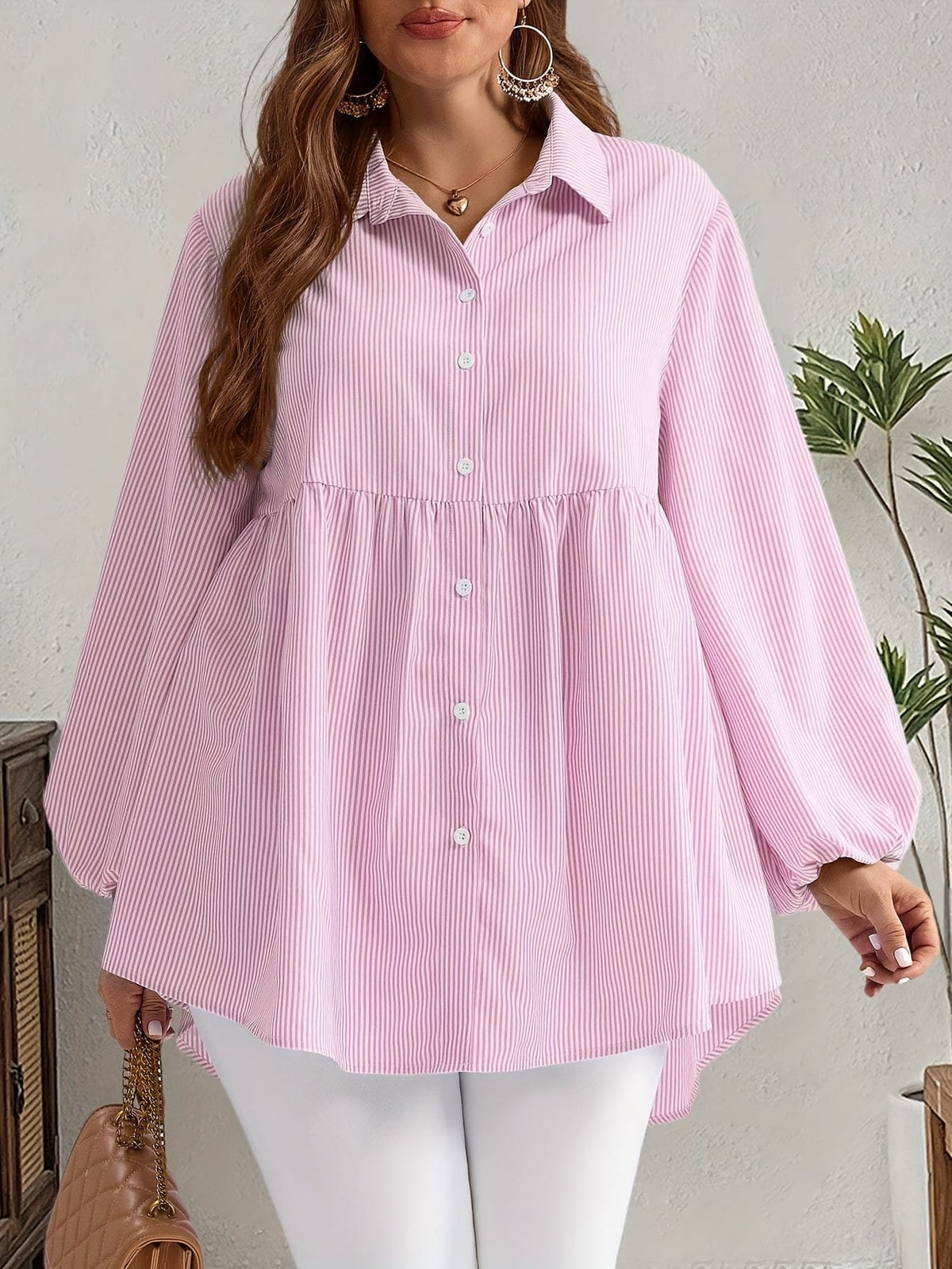 KissICON Plus Size, Women's Plus Size Oversized White & Green Horizontal Striped Button- Shirt Jacket-like Blouse - Short Sleeve-like Collar, Wrinkle-Resistant (Machine Washable) H-Line Fit for Year-Round Casual & Dressy Wear (No)
