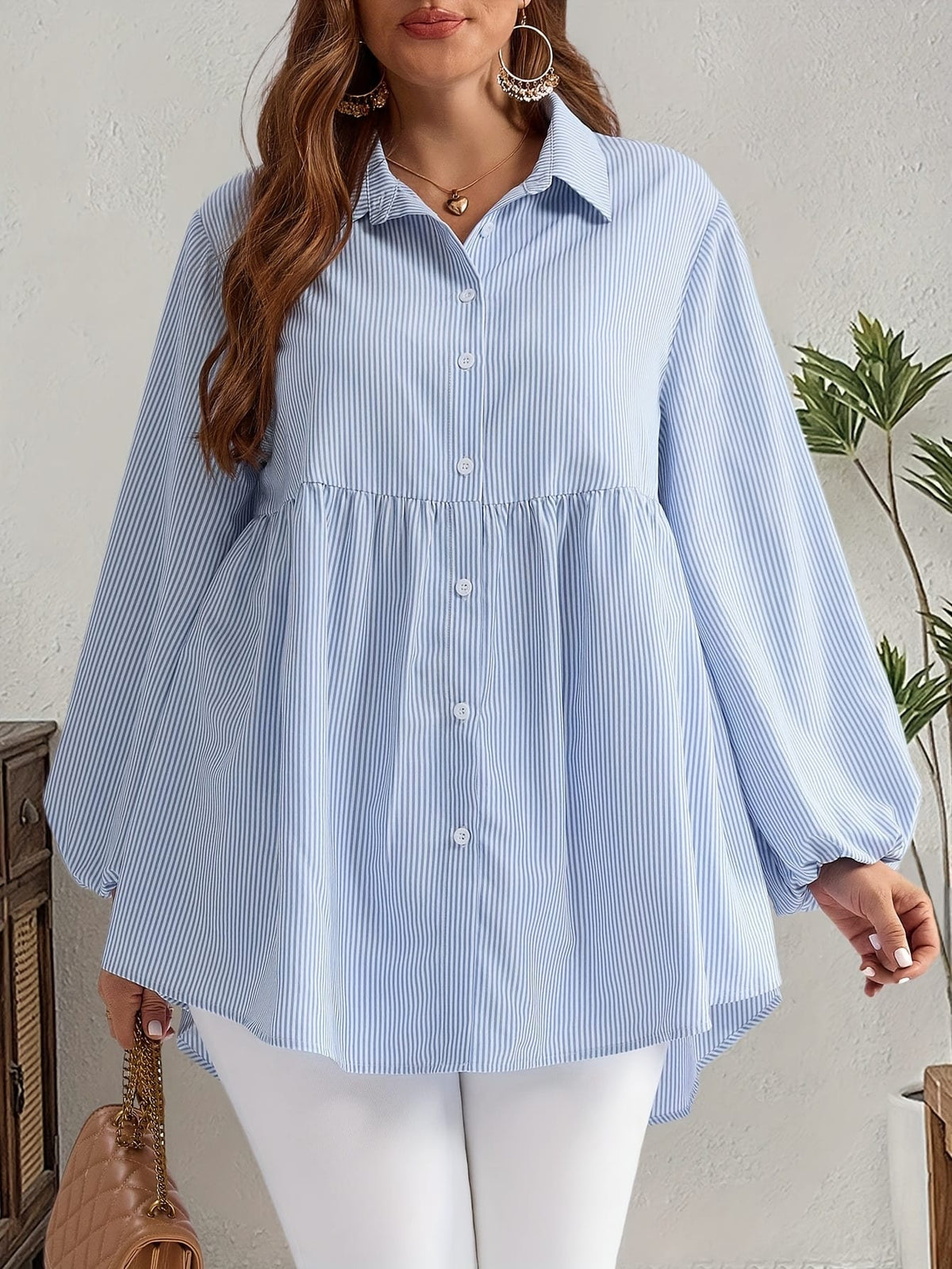 KissICON Plus Size, Women's Plus Size Oversized White & Green Horizontal Striped Button- Shirt Jacket-like Blouse - Short Sleeve-like Collar, Wrinkle-Resistant (Machine Washable) H-Line Fit for Year-Round Casual & Dressy Wear (No)