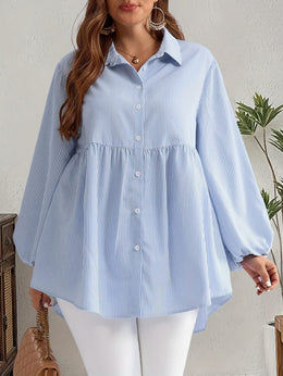 KissICON Plus Size, Women's Plus Size Oversized White & Green Horizontal Striped Button- Shirt Jacket-like Blouse - Short Sleeve-like Collar, Wrinkle-Resistant (Machine Washable) H-Line Fit for Year-Round Casual & Dressy Wear (No)