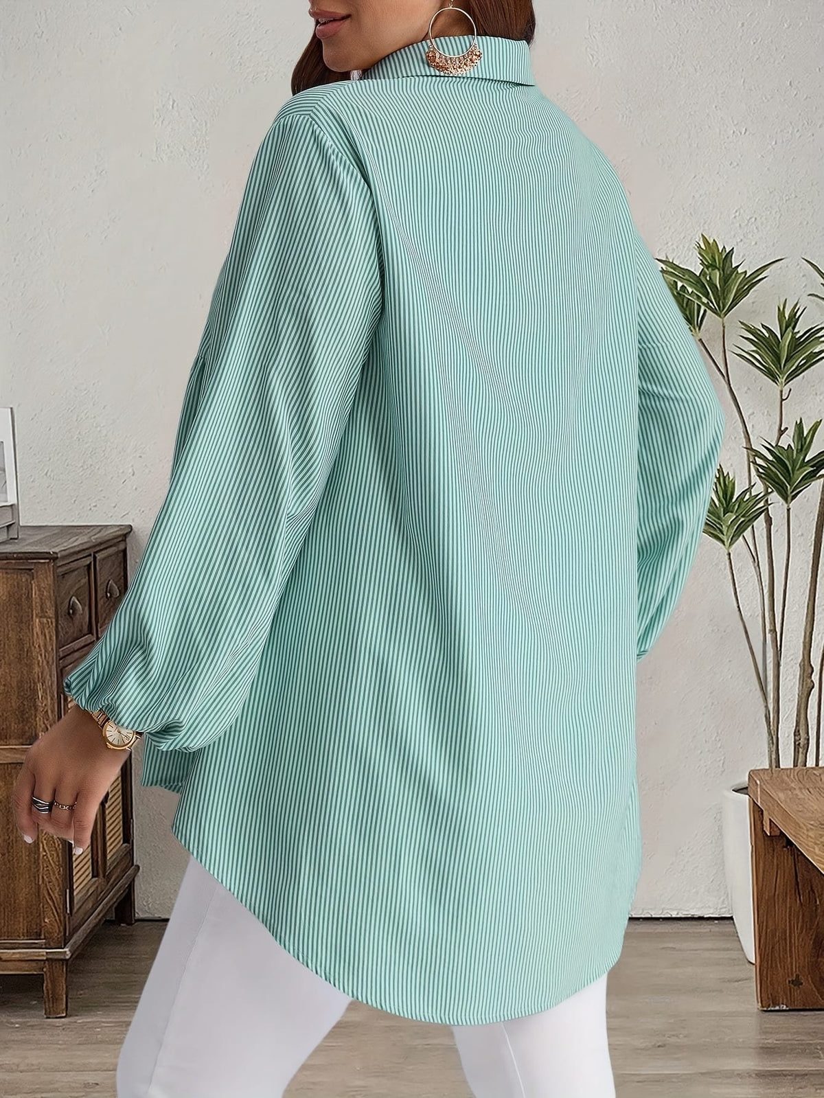 KissICON Plus Size, Women's Plus Size Oversized White & Green Horizontal Striped Button- Shirt Jacket-like Blouse - Short Sleeve-like Collar, Wrinkle-Resistant (Machine Washable) H-Line Fit for Year-Round Casual & Dressy Wear (No)