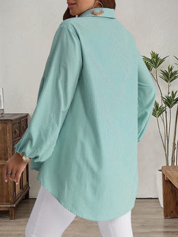 KissICON Plus Size, Women's Plus Size Oversized White & Green Horizontal Striped Button- Shirt Jacket-like Blouse - Short Sleeve-like Collar, Wrinkle-Resistant (Machine Washable) H-Line Fit for Year-Round Casual & Dressy Wear (No)