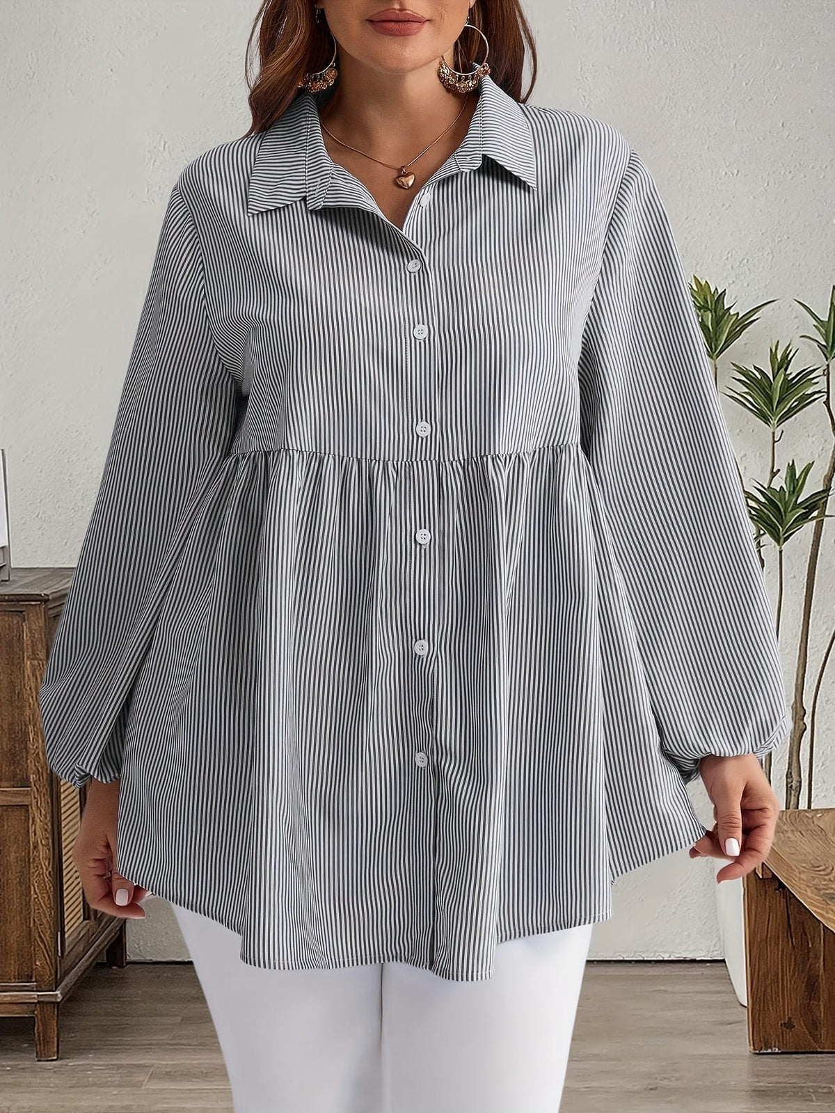 KissICON Plus Size, Women's Plus Size Oversized White & Green Horizontal Striped Button- Shirt Jacket-like Blouse - Short Sleeve-like Collar, Wrinkle-Resistant (Machine Washable) H-Line Fit for Year-Round Casual & Dressy Wear (No)