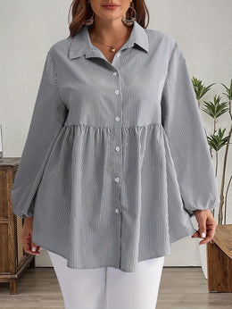 KissICON Plus Size, Women's Plus Size Oversized White & Green Horizontal Striped Button- Shirt Jacket-like Blouse - Short Sleeve-like Collar, Wrinkle-Resistant (Machine Washable) H-Line Fit for Year-Round Casual & Dressy Wear (No)