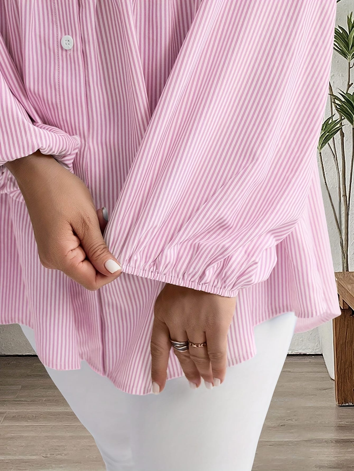 KissICON Plus Size, Women's Plus Size Oversized White & Green Horizontal Striped Button- Shirt Jacket-like Blouse - Short Sleeve-like Collar, Wrinkle-Resistant (Machine Washable) H-Line Fit for Year-Round Casual & Dressy Wear (No)