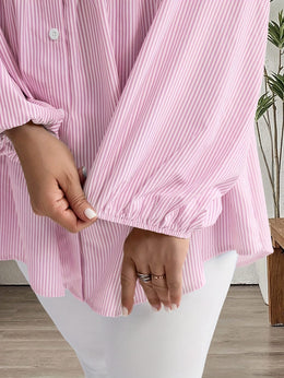 KissICON Plus Size, Women's Plus Size Oversized White & Green Horizontal Striped Button- Shirt Jacket-like Blouse - Short Sleeve-like Collar, Wrinkle-Resistant (Machine Washable) H-Line Fit for Year-Round Casual & Dressy Wear (No)