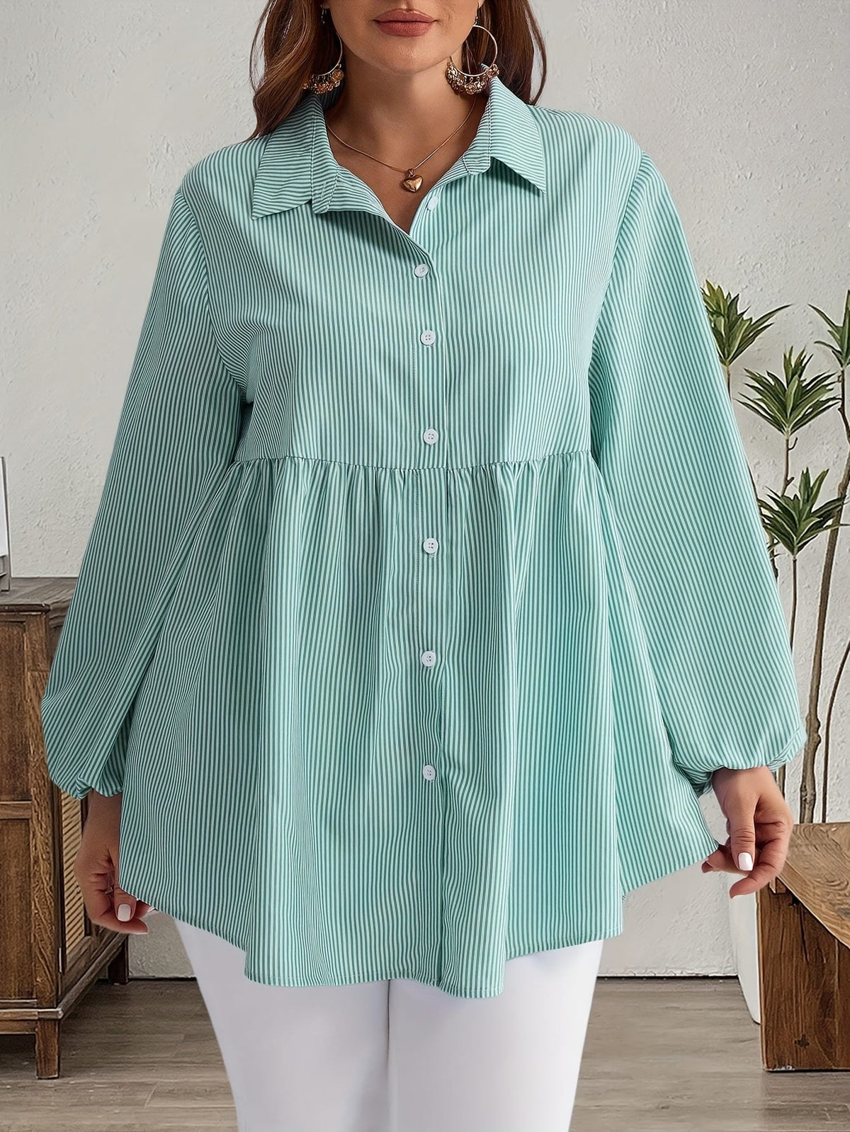 KissICON Plus Size, Women's Plus Size Oversized White & Green Horizontal Striped Button- Shirt Jacket-like Blouse - Short Sleeve-like Collar, Wrinkle-Resistant (Machine Washable) H-Line Fit for Year-Round Casual & Dressy Wear (No)
