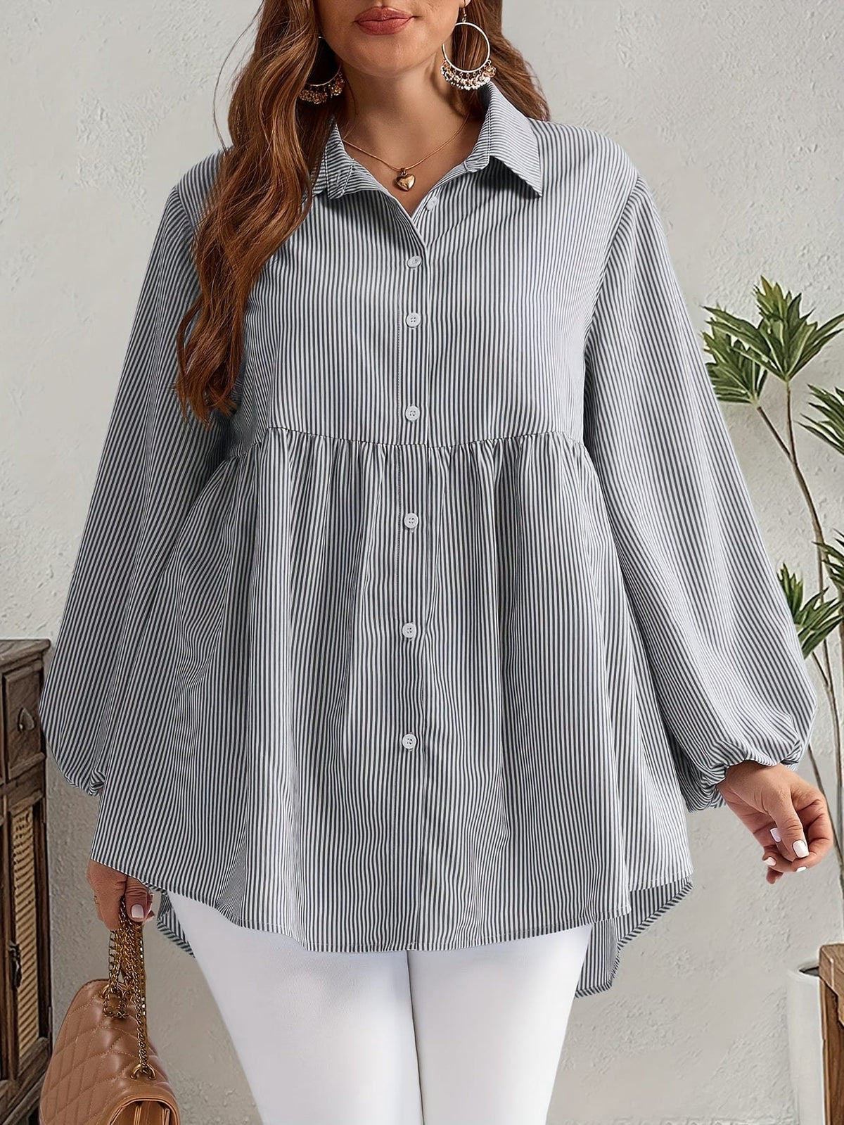 KissICON Plus Size, Women's Plus Size Oversized White & Green Horizontal Striped Button- Shirt Jacket-like Blouse - Short Sleeve-like Collar, Wrinkle-Resistant (Machine Washable) H-Line Fit for Year-Round Casual & Dressy Wear (No)