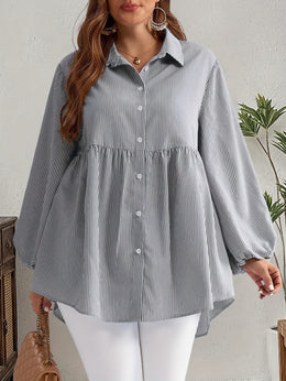 KissICON Plus Size, Women's Plus Size Oversized White & Green Horizontal Striped Button- Shirt Jacket-like Blouse - Short Sleeve-like Collar, Wrinkle-Resistant (Machine Washable) H-Line Fit for Year-Round Casual & Dressy Wear (No)