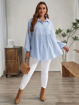 KissICON Plus Size, Women's Plus Size Oversized White & Green Horizontal Striped Button- Shirt Jacket-like Blouse - Short Sleeve-like Collar, Wrinkle-Resistant (Machine Washable) H-Line Fit for Year-Round Casual & Dressy Wear (No)
