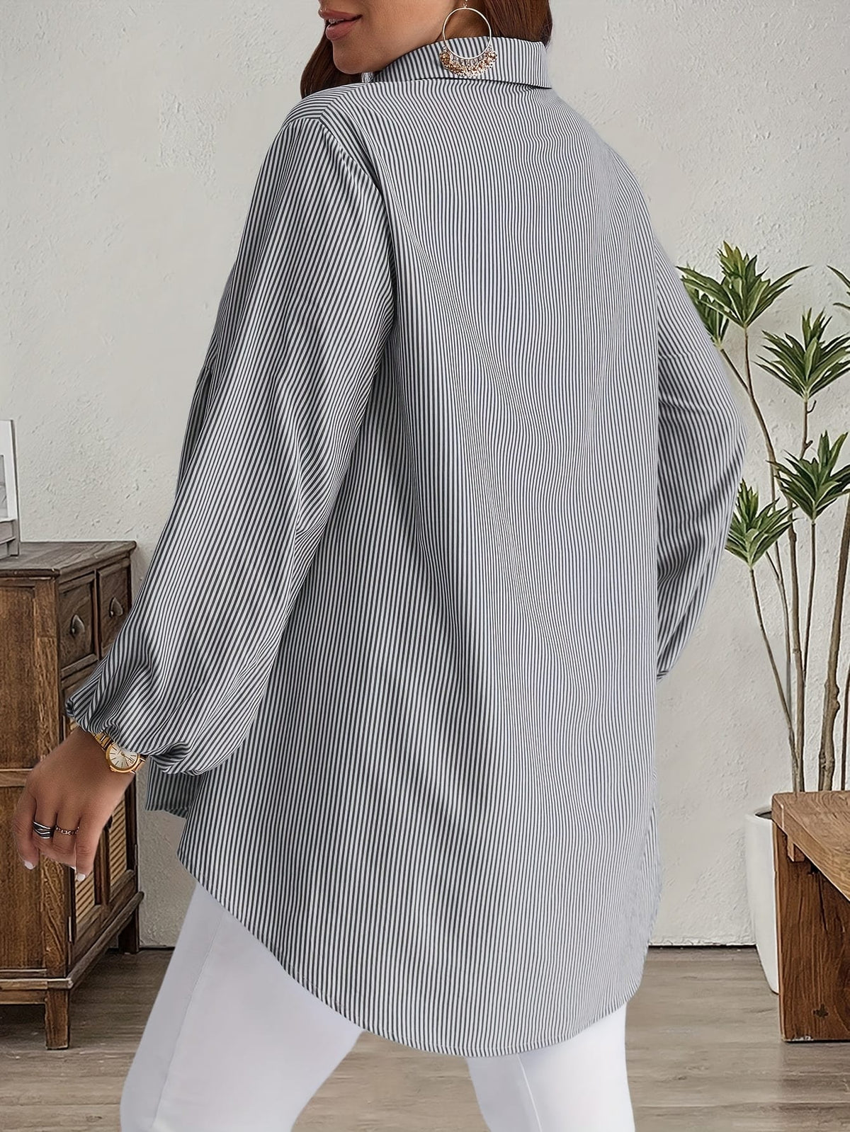 KissICON Plus Size, Women's Plus Size Oversized White & Green Horizontal Striped Button- Shirt Jacket-like Blouse - Short Sleeve-like Collar, Wrinkle-Resistant (Machine Washable) H-Line Fit for Year-Round Casual & Dressy Wear (No)