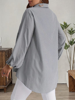 KissICON Plus Size, Women's Plus Size Oversized White & Green Horizontal Striped Button- Shirt Jacket-like Blouse - Short Sleeve-like Collar, Wrinkle-Resistant (Machine Washable) H-Line Fit for Year-Round Casual & Dressy Wear (No)