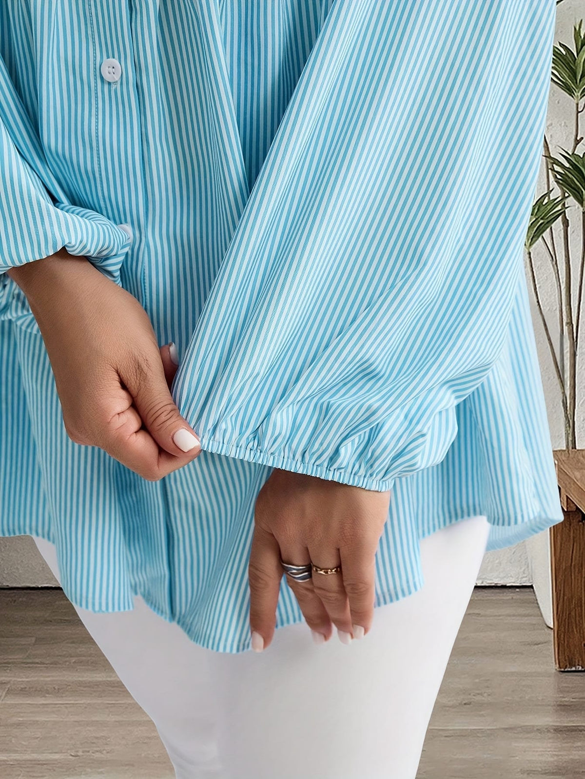 KissICON Plus Size, Women's Plus Size Oversized White & Green Horizontal Striped Button- Shirt Jacket-like Blouse - Short Sleeve-like Collar, Wrinkle-Resistant (Machine Washable) H-Line Fit for Year-Round Casual & Dressy Wear (No)