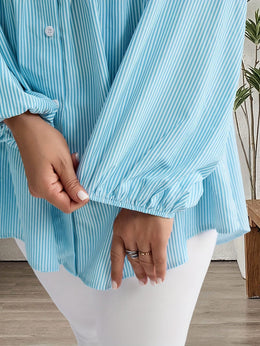 KissICON Plus Size, Women's Plus Size Oversized White & Green Horizontal Striped Button- Shirt Jacket-like Blouse - Short Sleeve-like Collar, Wrinkle-Resistant (Machine Washable) H-Line Fit for Year-Round Casual & Dressy Wear (No)