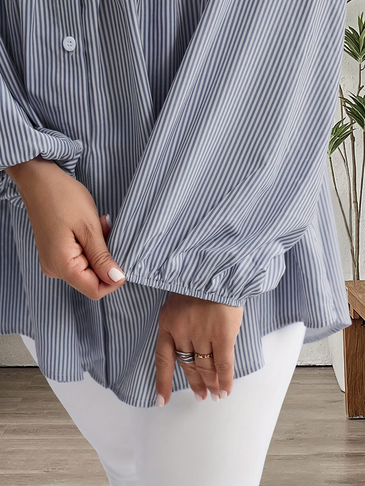 KissICON Plus Size, Women's Plus Size Oversized White & Green Horizontal Striped Button- Shirt Jacket-like Blouse - Short Sleeve-like Collar, Wrinkle-Resistant (Machine Washable) H-Line Fit for Year-Round Casual & Dressy Wear (No)