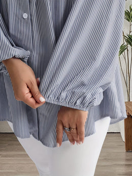 KissICON Plus Size, Women's Plus Size Oversized White & Green Horizontal Striped Button- Shirt Jacket-like Blouse - Short Sleeve-like Collar, Wrinkle-Resistant (Machine Washable) H-Line Fit for Year-Round Casual & Dressy Wear (No)