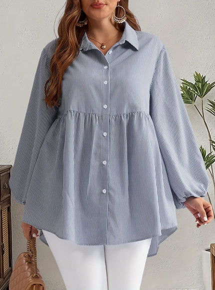 KissICON Plus Size, Women's Plus Size Oversized White & Green Horizontal Striped Button- Shirt Jacket-like Blouse - Short Sleeve-like Collar, Wrinkle-Resistant (Machine Washable) H-Line Fit for Year-Round Casual & Dressy Wear (No)