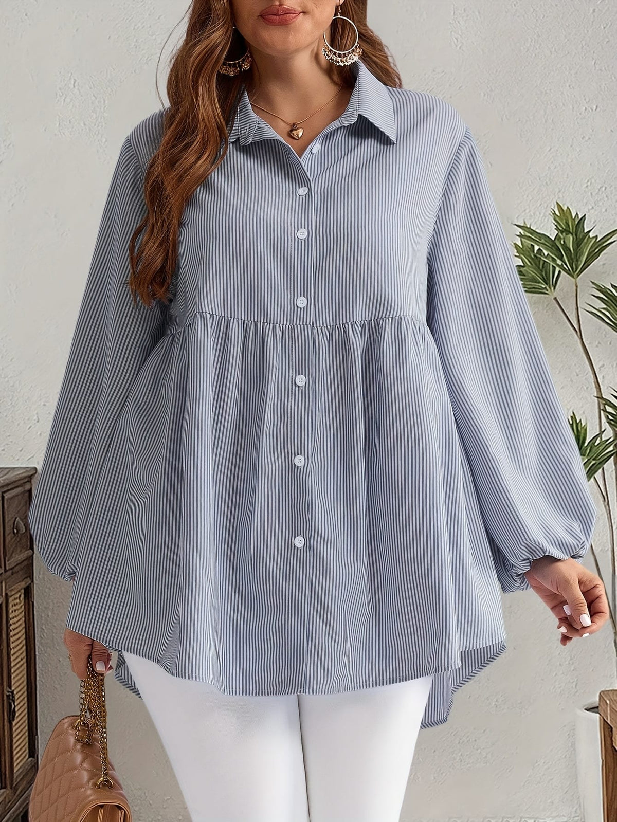 KissICON Plus Size, Women's Plus Size Oversized White & Green Horizontal Striped Button- Shirt Jacket-like Blouse - Short Sleeve-like Collar, Wrinkle-Resistant (Machine Washable) H-Line Fit for Year-Round Casual & Dressy Wear (No)