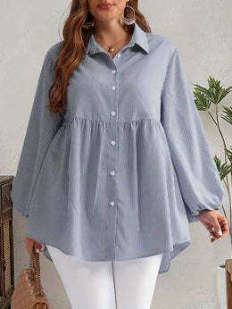 KissICON Plus Size, Women's Plus Size Oversized White & Green Horizontal Striped Button- Shirt Jacket-like Blouse - Short Sleeve-like Collar, Wrinkle-Resistant (Machine Washable) H-Line Fit for Year-Round Casual & Dressy Wear (No)