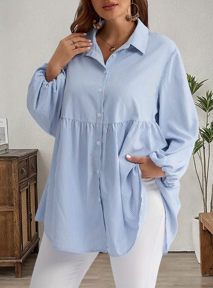 KissICON Plus Size, Women's Plus Size Oversized White & Green Horizontal Striped Button- Shirt Jacket-like Blouse - Short Sleeve-like Collar, Wrinkle-Resistant (Machine Washable) H-Line Fit for Year-Round Casual & Dressy Wear (No)