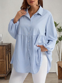 KissICON Plus Size, Women's Plus Size Oversized White & Green Horizontal Striped Button- Shirt Jacket-like Blouse - Short Sleeve-like Collar, Wrinkle-Resistant (Machine Washable) H-Line Fit for Year-Round Casual & Dressy Wear (No)