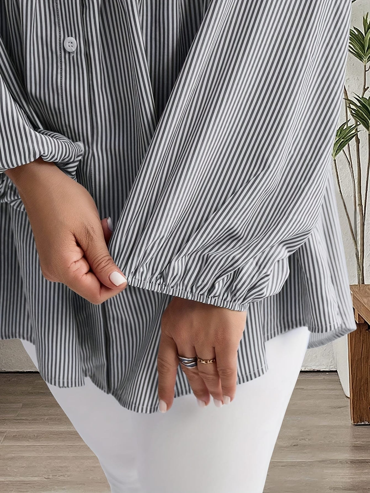KissICON Plus Size, Women's Plus Size Oversized White & Green Horizontal Striped Button- Shirt Jacket-like Blouse - Short Sleeve-like Collar, Wrinkle-Resistant (Machine Washable) H-Line Fit for Year-Round Casual & Dressy Wear (No)