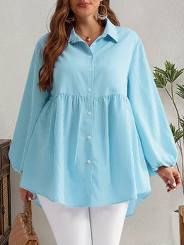 KissICON Plus Size, Women's Plus Size Oversized White & Green Horizontal Striped Button- Shirt Jacket-like Blouse - Short Sleeve-like Collar, Wrinkle-Resistant (Machine Washable) H-Line Fit for Year-Round Casual & Dressy Wear (No)