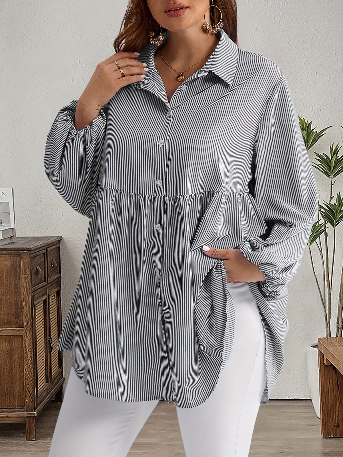 KissICON Plus Size, Women's Plus Size Oversized White & Green Horizontal Striped Button- Shirt Jacket-like Blouse - Short Sleeve-like Collar, Wrinkle-Resistant (Machine Washable) H-Line Fit for Year-Round Casual & Dressy Wear (No)