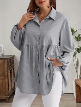 KissICON Plus Size, Women's Plus Size Oversized White & Green Horizontal Striped Button- Shirt Jacket-like Blouse - Short Sleeve-like Collar, Wrinkle-Resistant (Machine Washable) H-Line Fit for Year-Round Casual & Dressy Wear (No)