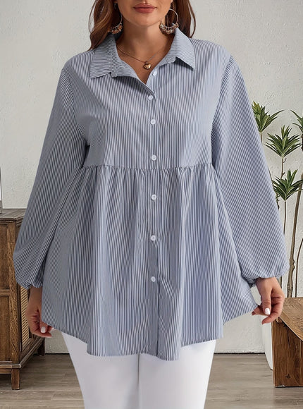 KissICON Plus Size, Women's Plus Size Oversized White & Green Horizontal Striped Button- Shirt Jacket-like Blouse - Short Sleeve-like Collar, Wrinkle-Resistant (Machine Washable) H-Line Fit for Year-Round Casual & Dressy Wear (No)