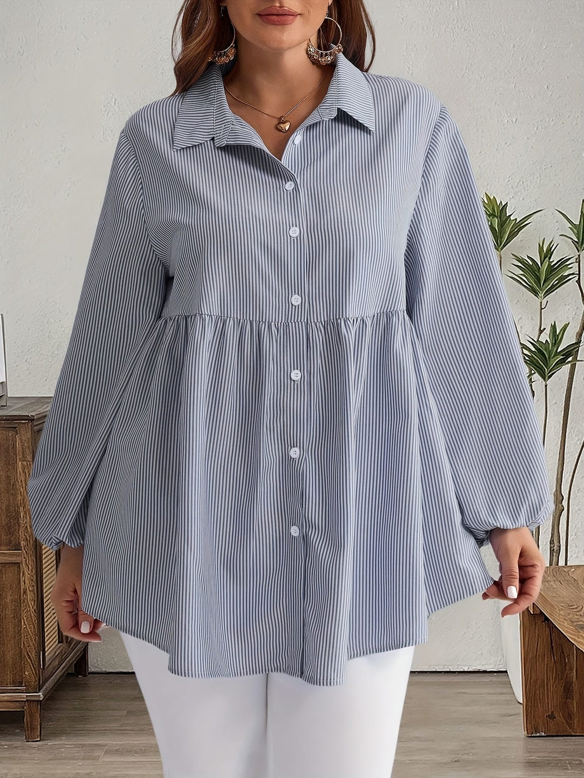 KissICON Plus Size, Women's Plus Size Oversized White & Green Horizontal Striped Button- Shirt Jacket-like Blouse - Short Sleeve-like Collar, Wrinkle-Resistant (Machine Washable) H-Line Fit for Year-Round Casual & Dressy Wear (No)