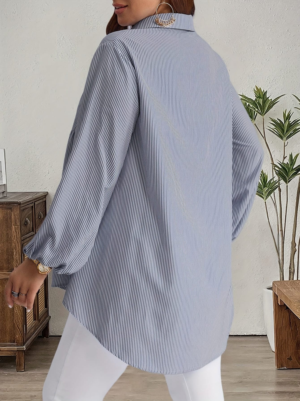 KissICON Plus Size, Women's Plus Size Oversized White & Green Horizontal Striped Button- Shirt Jacket-like Blouse - Short Sleeve-like Collar, Wrinkle-Resistant (Machine Washable) H-Line Fit for Year-Round Casual & Dressy Wear (No)