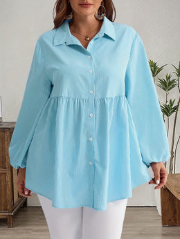 KissICON Plus Size, Women's Plus Size Oversized White & Green Horizontal Striped Button- Shirt Jacket-like Blouse - Short Sleeve-like Collar, Wrinkle-Resistant (Machine Washable) H-Line Fit for Year-Round Casual & Dressy Wear (No)