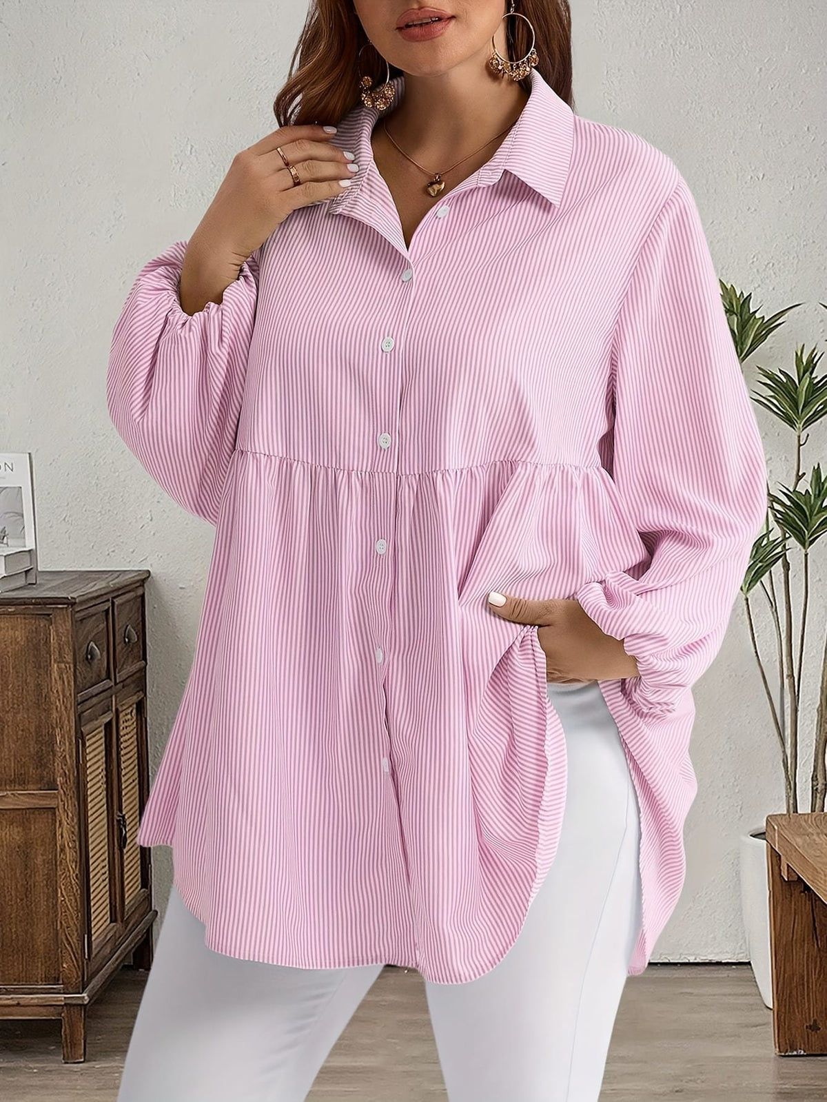 KissICON Plus Size, Women's Plus Size Oversized White & Green Horizontal Striped Button- Shirt Jacket-like Blouse - Short Sleeve-like Collar, Wrinkle-Resistant (Machine Washable) H-Line Fit for Year-Round Casual & Dressy Wear (No)