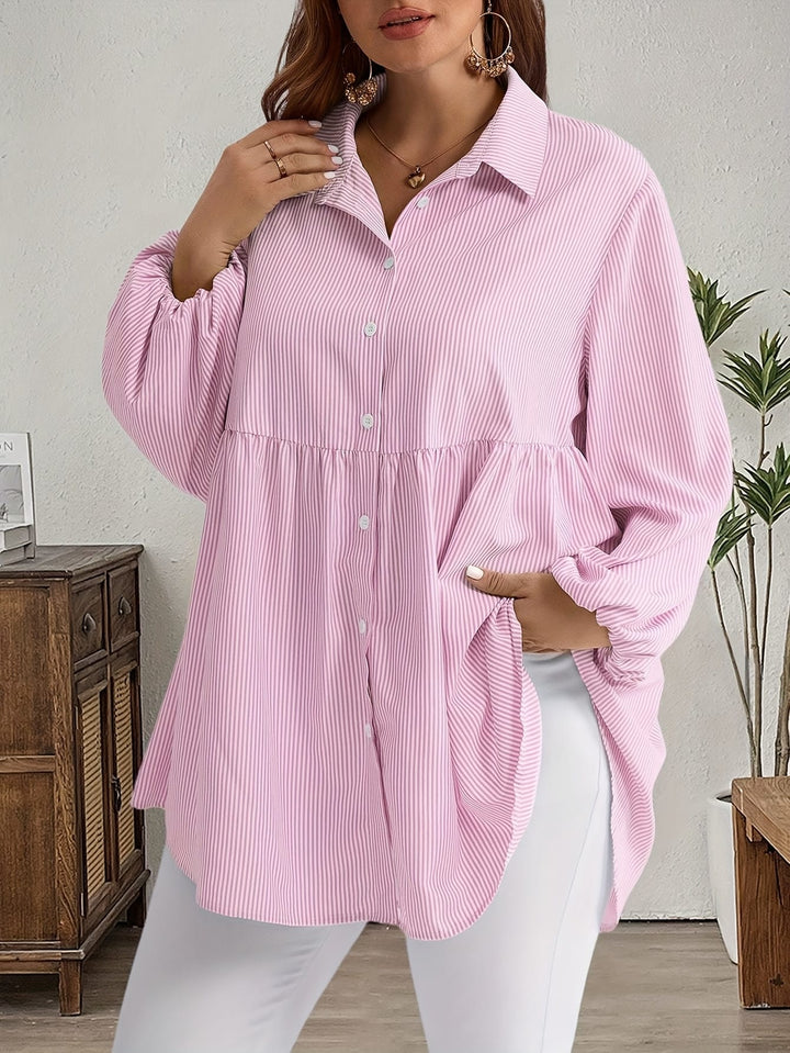 Plus Size, Women's Plus Size Oversized White & Green Horizontal Striped Button- Shirt Jacket-like Blouse - Short Sleeve-like Collar, Wrinkle-Resistant (Machine Washable) H-Line Fit for Year-Round Casual & Dressy Wear (No)