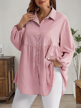 KissICON Plus Size, Women's Plus Size Oversized White & Green Horizontal Striped Button- Shirt Jacket-like Blouse - Short Sleeve-like Collar, Wrinkle-Resistant (Machine Washable) H-Line Fit for Year-Round Casual & Dressy Wear (No)