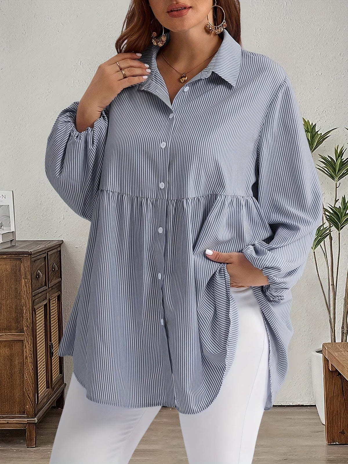 KissICON Plus Size, Women's Plus Size Oversized White & Green Horizontal Striped Button- Shirt Jacket-like Blouse - Short Sleeve-like Collar, Wrinkle-Resistant (Machine Washable) H-Line Fit for Year-Round Casual & Dressy Wear (No)