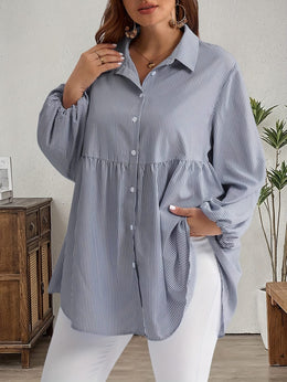 KissICON Plus Size, Women's Plus Size Oversized White & Green Horizontal Striped Button- Shirt Jacket-like Blouse - Short Sleeve-like Collar, Wrinkle-Resistant (Machine Washable) H-Line Fit for Year-Round Casual & Dressy Wear (No)