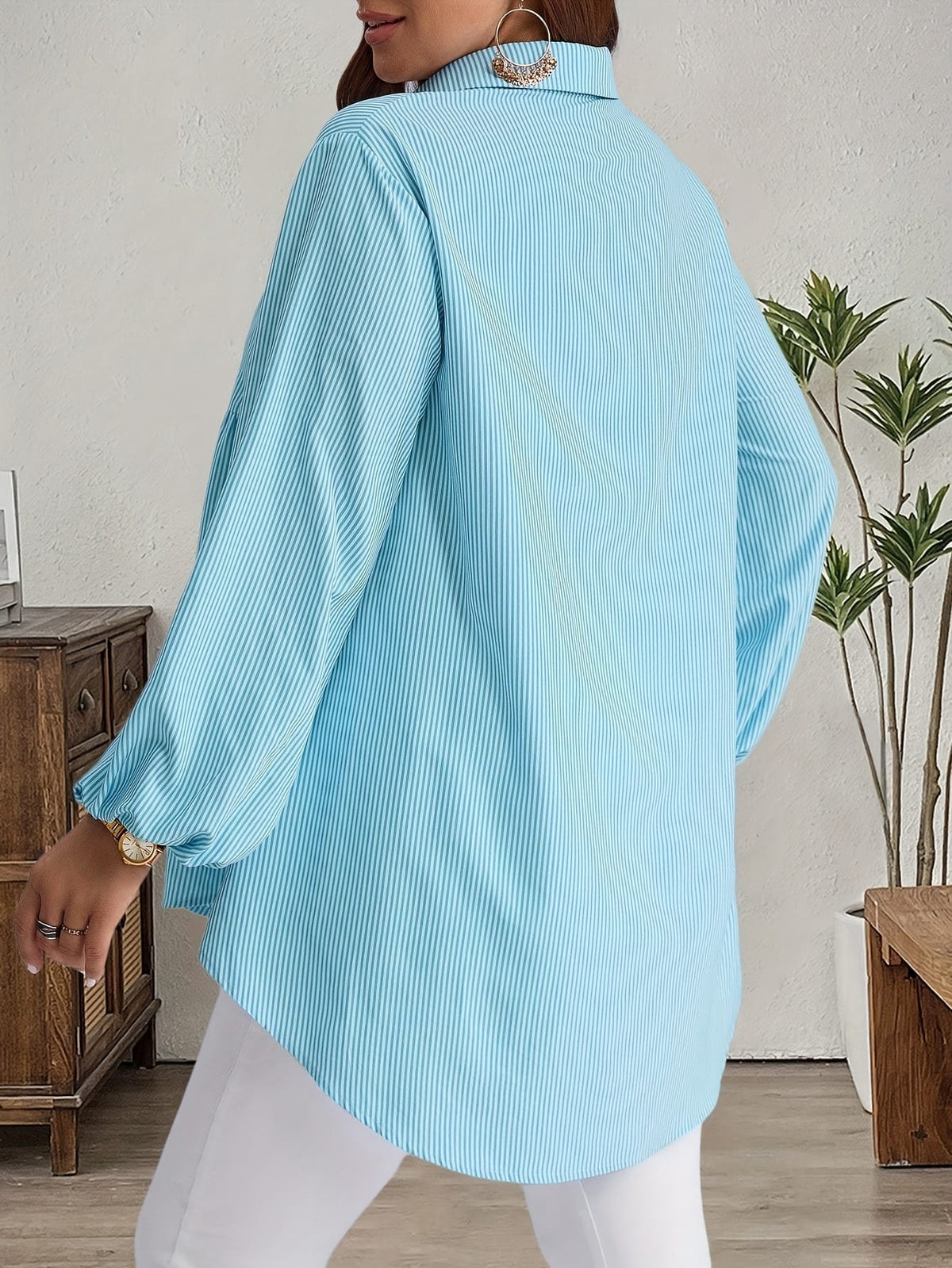 KissICON Plus Size, Women's Plus Size Oversized White & Green Horizontal Striped Button- Shirt Jacket-like Blouse - Short Sleeve-like Collar, Wrinkle-Resistant (Machine Washable) H-Line Fit for Year-Round Casual & Dressy Wear (No)
