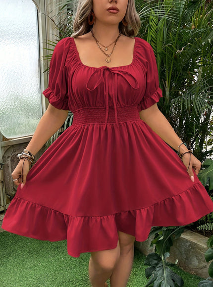 jkthpu-45 Plus Size - Women'S Plus Size Red Square Neck A-Line Dress - Casual Summer Dress with Ruffled Hem, Cinched Waist, and Short Puff Sleeves, Perfect for Spring/Summer Outings, Cute Dresses