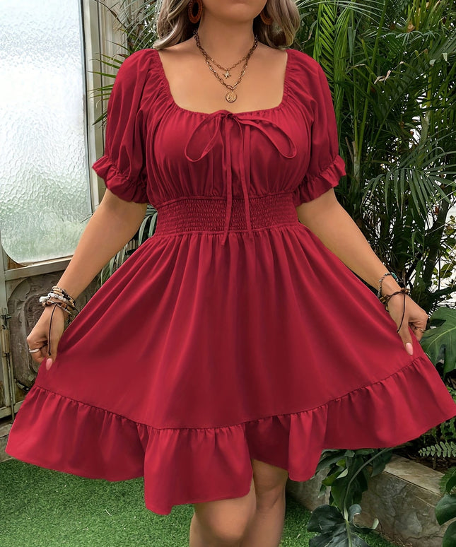 jkthpu-45 Plus Size - Women'S Plus Size Red Square Neck A-Line Dress - Casual Summer Dress with Ruffled Hem, Cinched Waist, and Short Puff Sleeves, Perfect for Spring/Summer Outings, Cute Dresses
