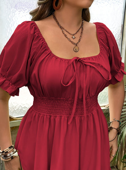 jkthpu-45 Plus Size - Women'S Plus Size Red Square Neck A-Line Dress - Casual Summer Dress with Ruffled Hem, Cinched Waist, and Short Puff Sleeves, Perfect for Spring/Summer Outings, Cute Dresses
