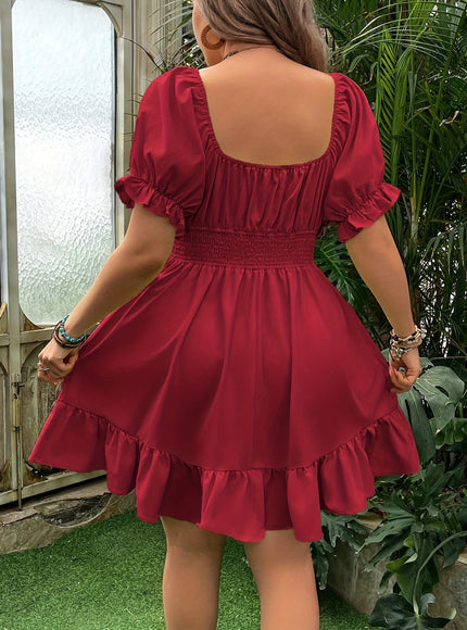 jkthpu-45 Plus Size - Women'S Plus Size Red Square Neck A-Line Dress - Casual Summer Dress with Ruffled Hem, Cinched Waist, and Short Puff Sleeves, Perfect for Spring/Summer Outings, Cute Dresses